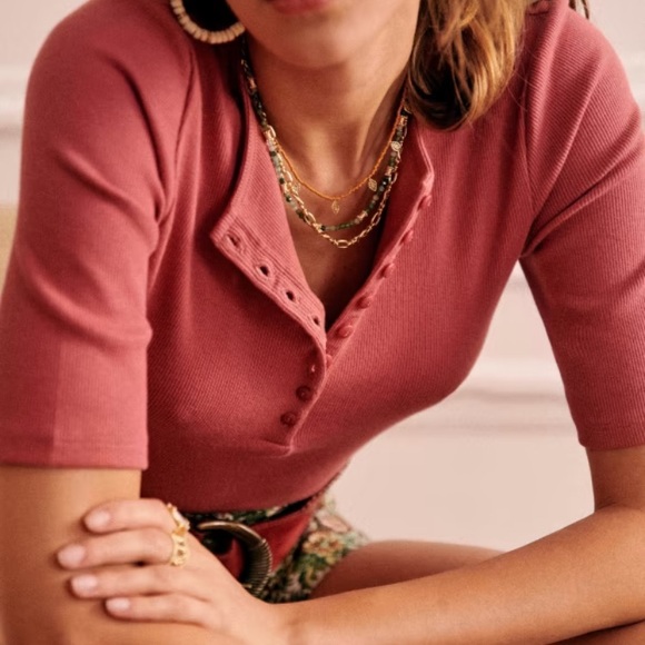 Sézane Theodora Ribbed Henley Top - Rosewood - XS - Picture 3 of 9